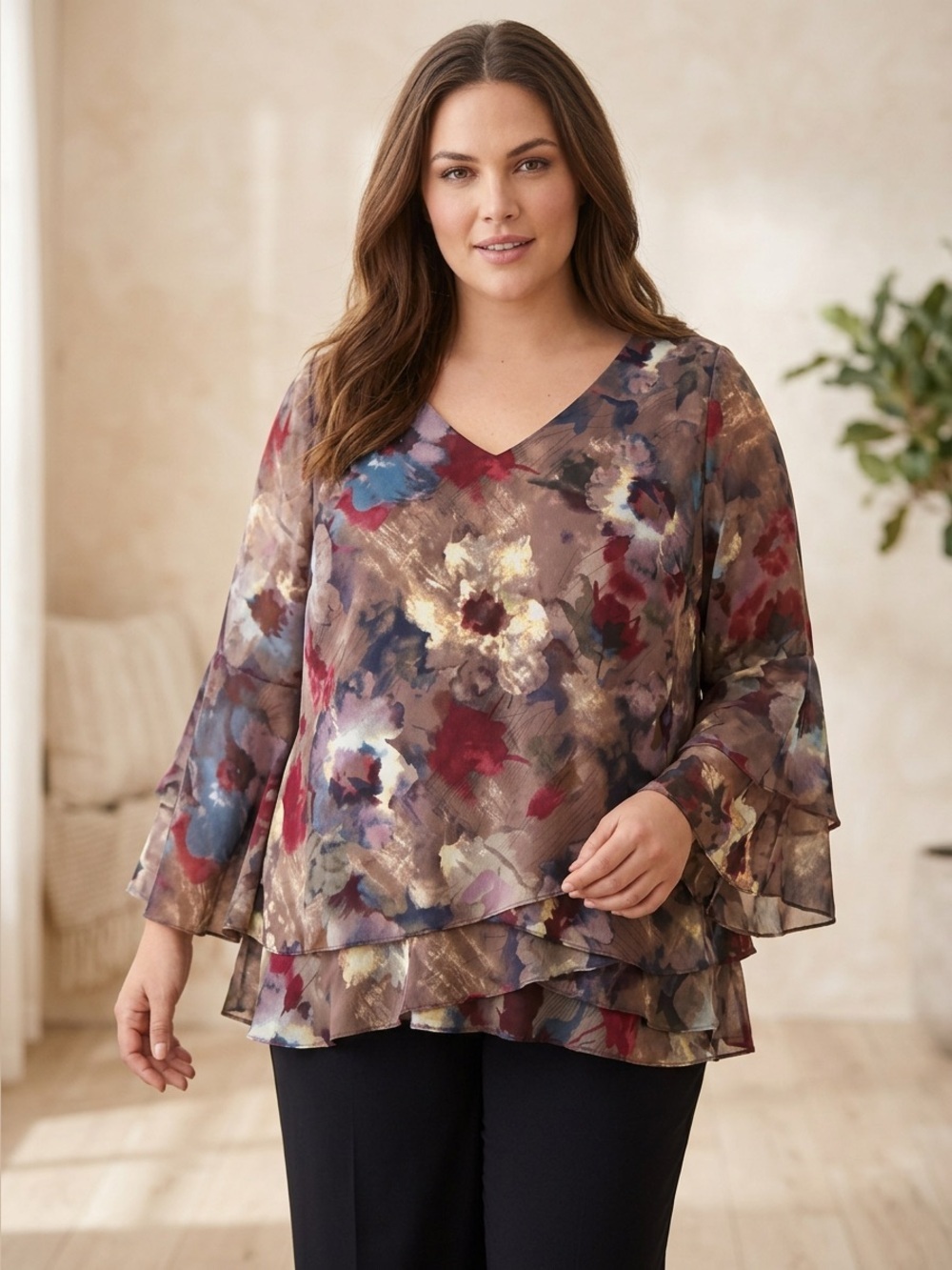 Roaman's womens plus size ruffled top Sz 16W bell sleeves lined easy fit poly